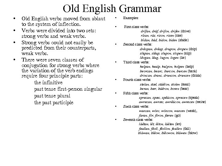 Old English Grammar • Old English verbs moved from ablaut to the system of