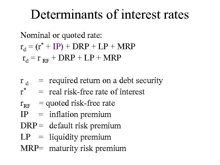 Determinants of interest rates Nominal or quoted rate: rd = (r* + IP) +