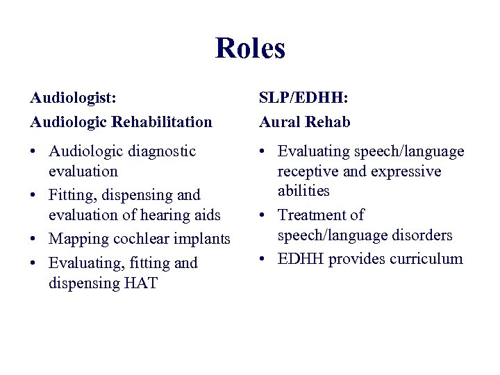Roles Audiologist: Audiologic Rehabilitation SLP/EDHH: Aural Rehab • Audiologic diagnostic evaluation • Fitting, dispensing