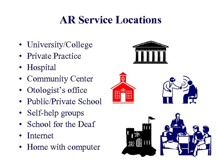 AR Service Locations • • • University/College Private Practice Hospital Community Center Otologist’s office