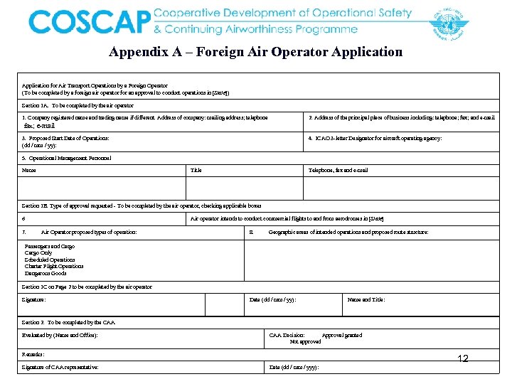 Appendix A – Foreign Air Operator Application for Air Transport Operations by a Foreign
