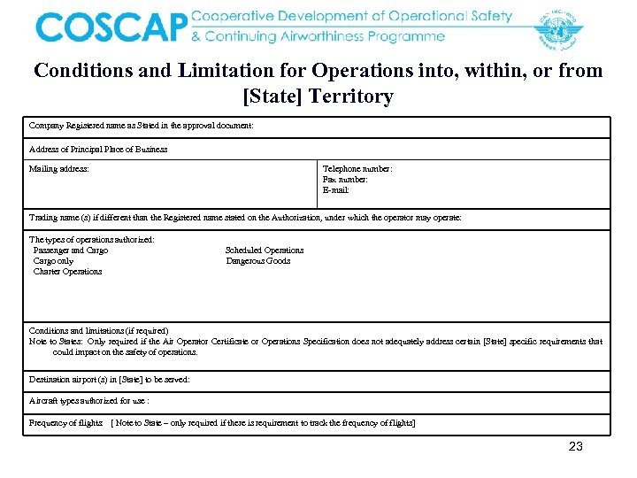 Conditions and Limitation for Operations into, within, or from [State] Territory Company Registered name