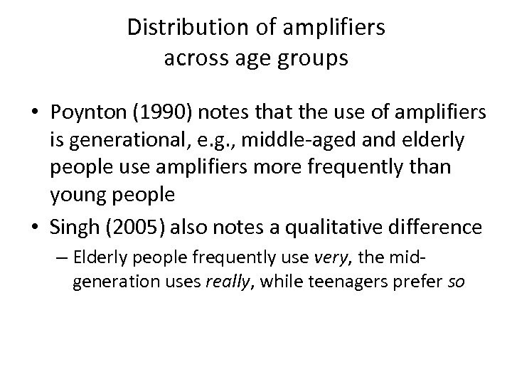 Distribution of amplifiers across age groups • Poynton (1990) notes that the use of