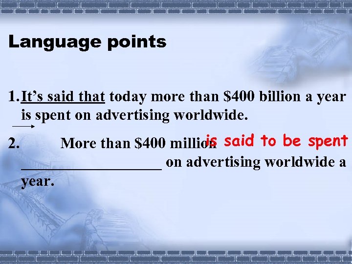 Language points 1. It’s said that today more than $400 billion a year is