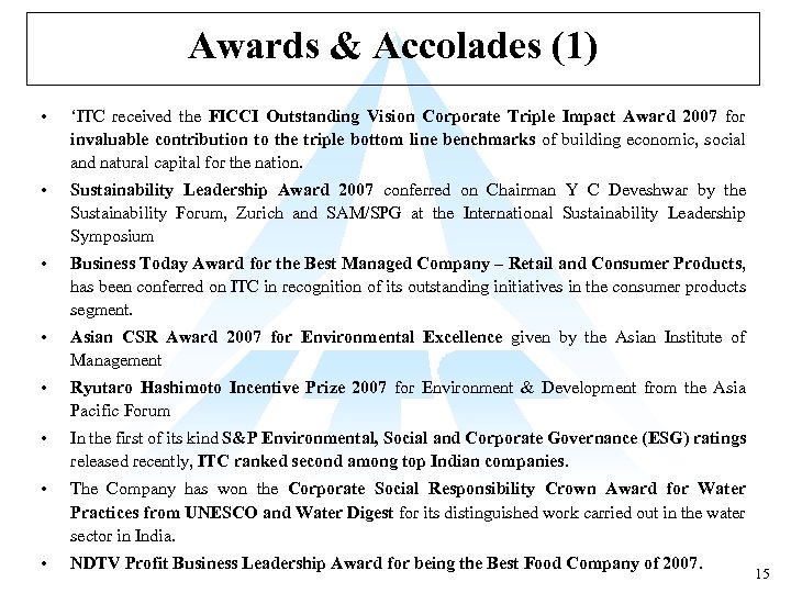 Awards & Accolades (1) • ‘ITC received the FICCI Outstanding Vision Corporate Triple Impact