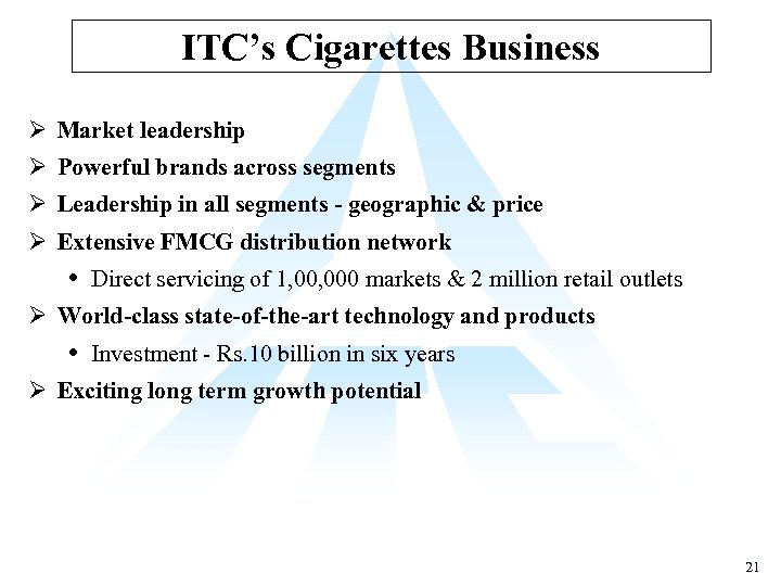 ITC’s Cigarettes Business Ø Market leadership Ø Powerful brands across segments Ø Leadership in