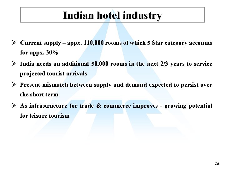 Indian hotel industry Ø Current supply – appx. 110, 000 rooms of which 5