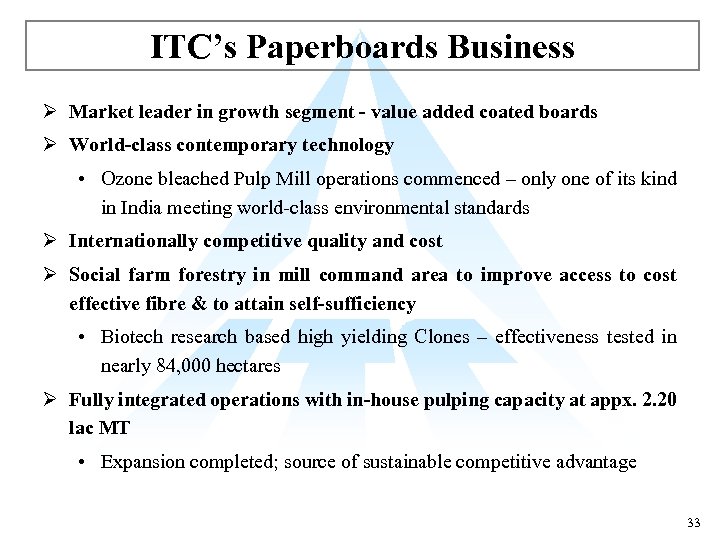 ITC’s Paperboards Business Ø Market leader in growth segment - value added coated boards