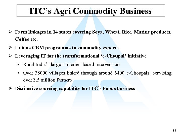 ITC’s Agri Commodity Business Ø Farm linkages in 14 states covering Soya, Wheat, Rice,