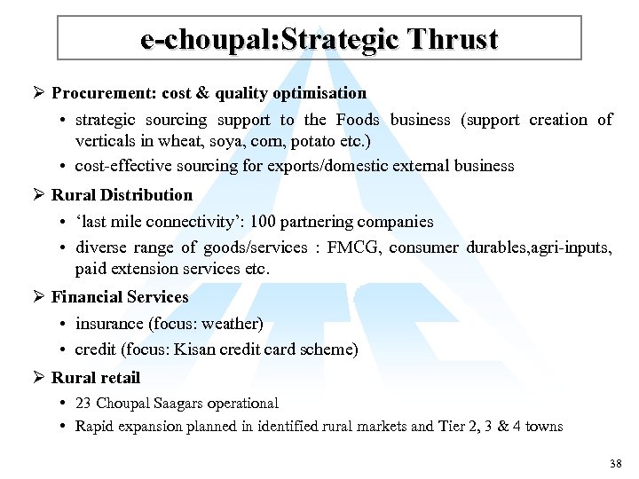 e-choupal: Strategic Thrust Ø Procurement: cost & quality optimisation • strategic sourcing support to