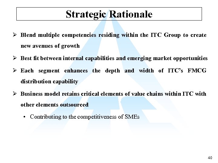 Strategic Rationale Ø Blend multiple competencies residing within the ITC Group to create new