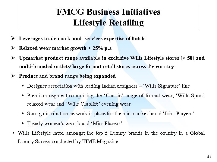 FMCG Business Initiatives Lifestyle Retailing Ø Leverages trade mark and services expertise of hotels