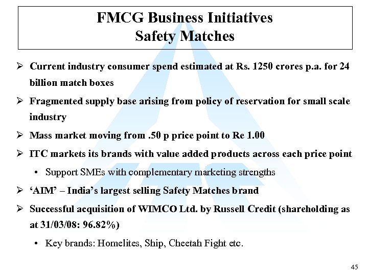 FMCG Business Initiatives Safety Matches Ø Current industry consumer spend estimated at Rs. 1250