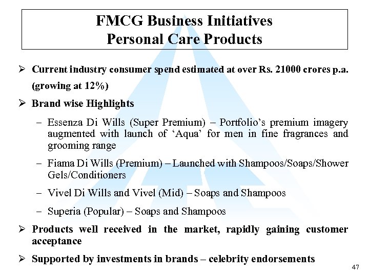 FMCG Business Initiatives Personal Care Products Ø Current industry consumer spend estimated at over