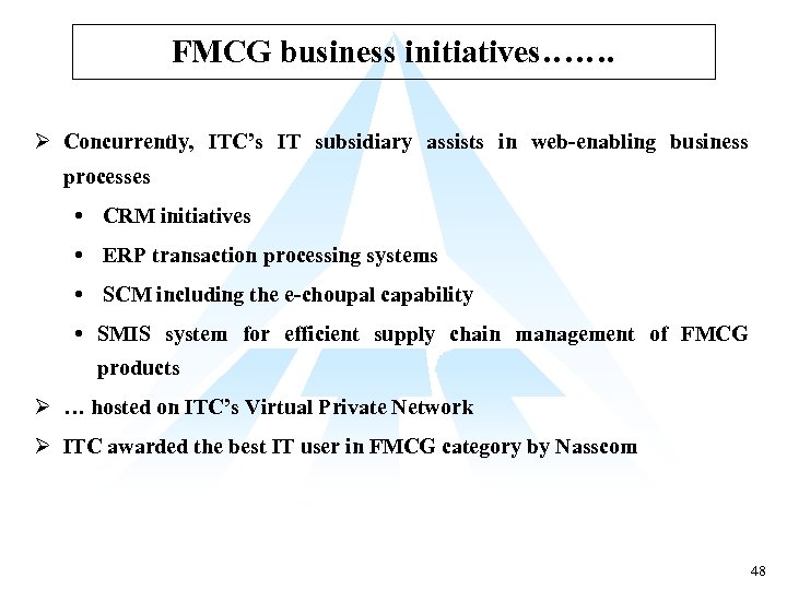 FMCG business initiatives……. Ø Concurrently, ITC’s IT subsidiary assists in web-enabling business processes CRM