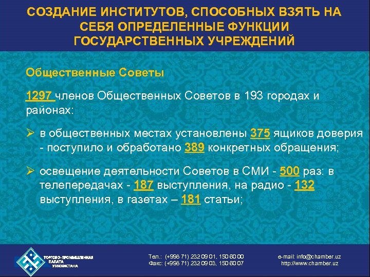 СОЗДАНИЕ ИНСТИТУТОВ, СПОСОБНЫХ ВЗЯТЬ НА СЕБЯ ОПРЕДЕЛЕННЫЕ ФУНКЦИИ ГОСУДАРСТВЕННЫХ УЧРЕЖДЕНИЙ Общественные Советы 1297 членов
