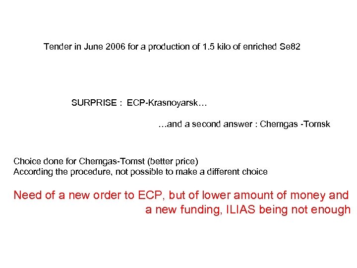 Tender in June 2006 for a production of 1. 5 kilo of enriched Se
