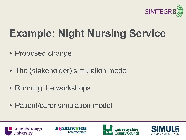 Example: Night Nursing Service • Proposed change • The (stakeholder) simulation model • Running