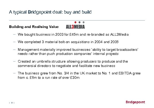 A typical Bridgepoint deal: buy and build Building and Realising Value – We bought