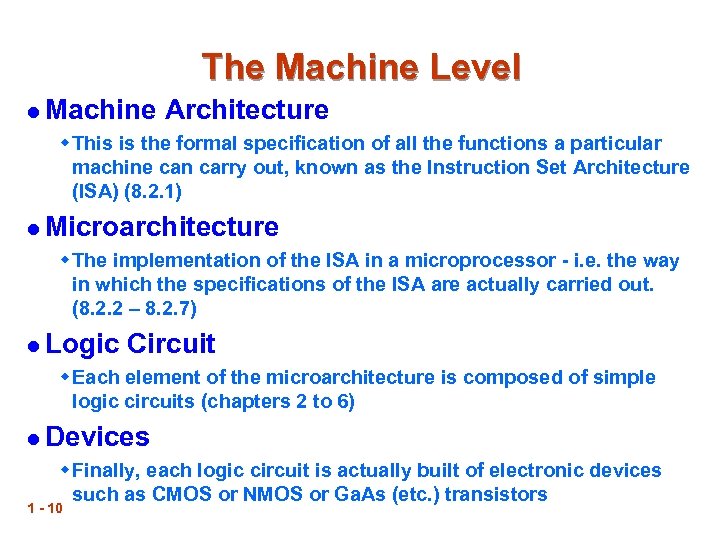 The Machine Level l Machine Architecture w This is the formal specification of all