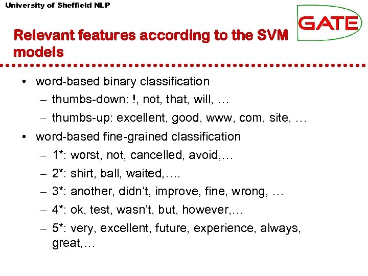 University of Sheffield NLP Relevant features according to the SVM models • word-based binary
