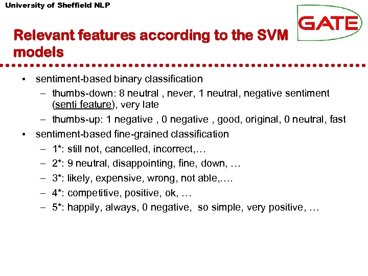University of Sheffield NLP Relevant features according to the SVM models • sentiment-based binary