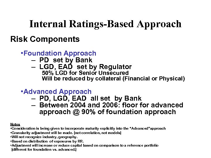 Internal Ratings-Based Approach Risk Components • Foundation Approach – PD set by Bank –
