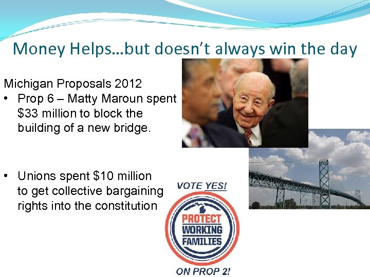 Money Helps…but doesn’t always win the day Michigan Proposals 2012 • Prop 6 –