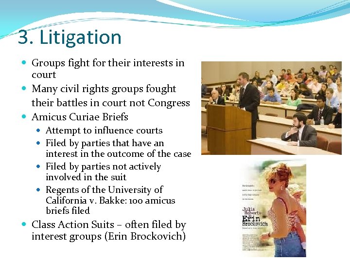 3. Litigation Groups fight for their interests in court Many civil rights groups fought