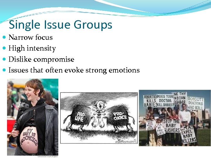 Single Issue Groups Narrow focus High intensity Dislike compromise Issues that often evoke strong