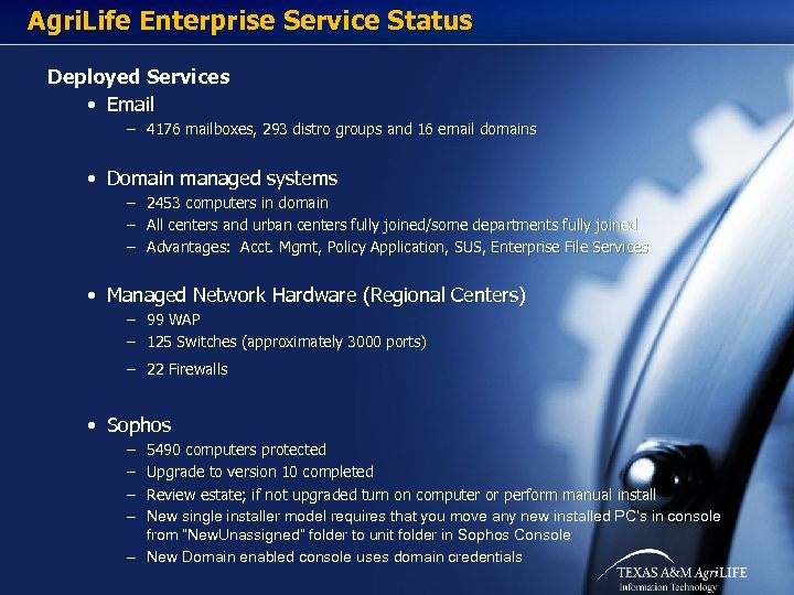 Agri. Life Enterprise Service Status Deployed Services • Email – 4176 mailboxes, 293 distro