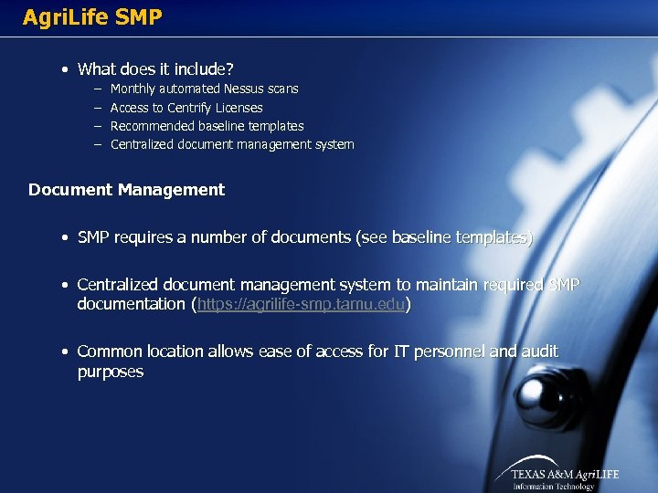 Agri. Life SMP • What does it include? – – Monthly automated Nessus scans