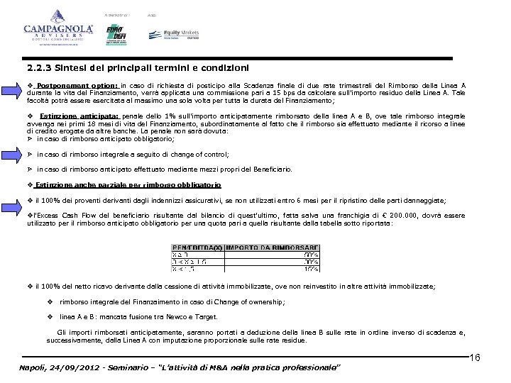 2. 2. 3 Sintesi dei principali termini e condizioni v Postponement option: in caso