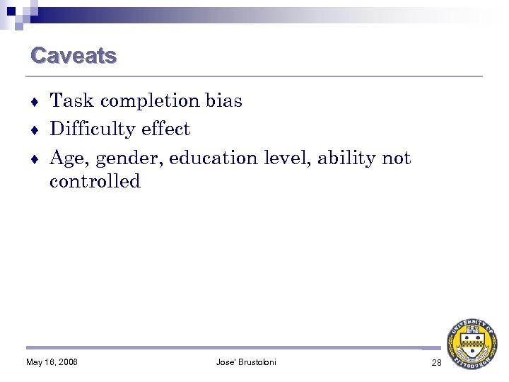 Caveats Task completion bias ♦ Difficulty effect ♦ Age, gender, education level, ability not