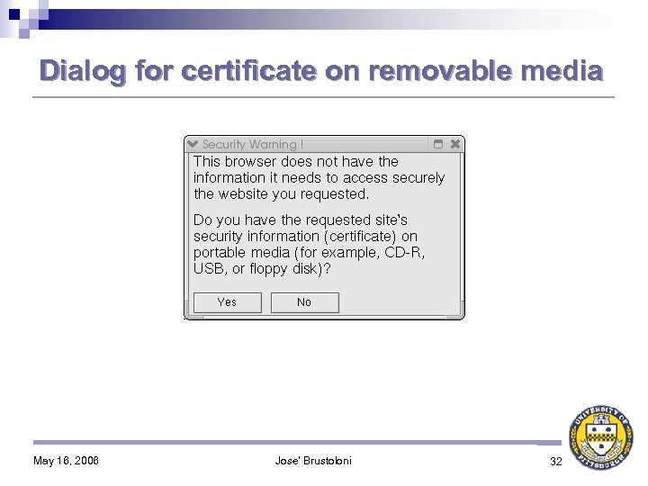Dialog for certificate on removable media May 16, 2006 Jose' Brustoloni 32 