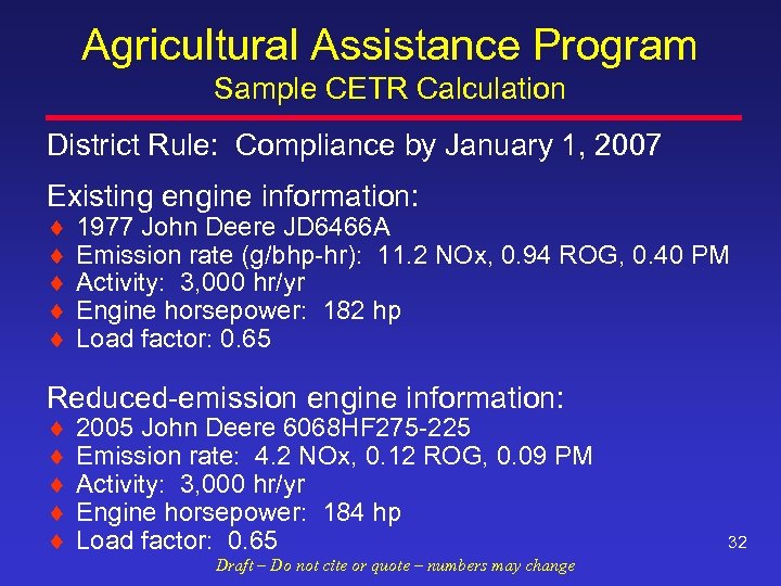 Agricultural Assistance Program Sample CETR Calculation District Rule: Compliance by January 1, 2007 Existing