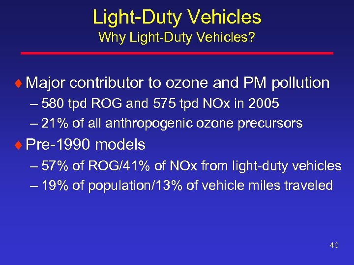 Light-Duty Vehicles Why Light-Duty Vehicles? ¨ Major contributor to ozone and PM pollution –