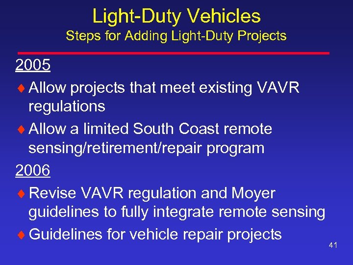 Light-Duty Vehicles Steps for Adding Light-Duty Projects 2005 ¨ Allow projects that meet existing