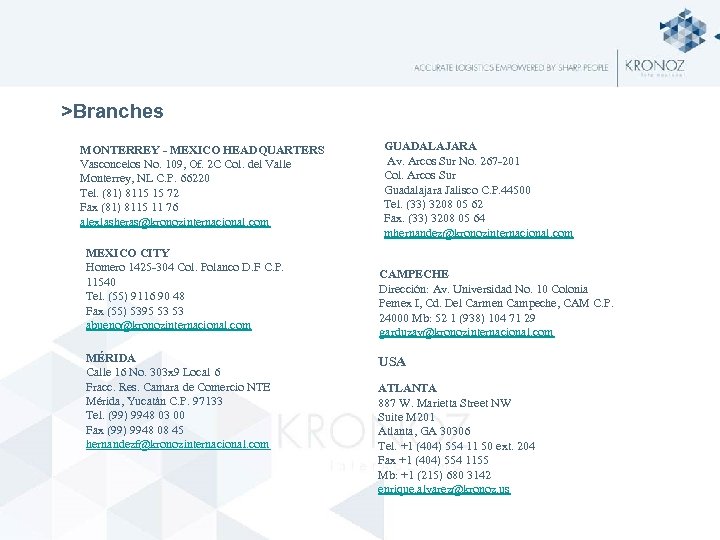 >Branches MONTERREY - MEXICO HEADQUARTERS Vasconcelos No. 109, Of. 2 C Col. del Valle