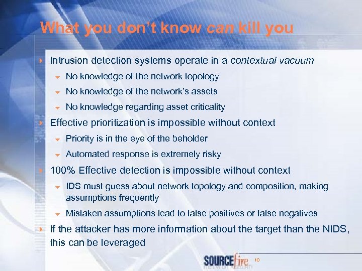 What you don’t know can kill you 4 Intrusion detection systems operate in a