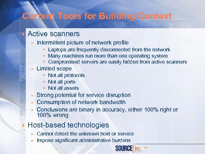 Current Tools for Building Context 4 Active scanners 6 Intermittent picture of network profile