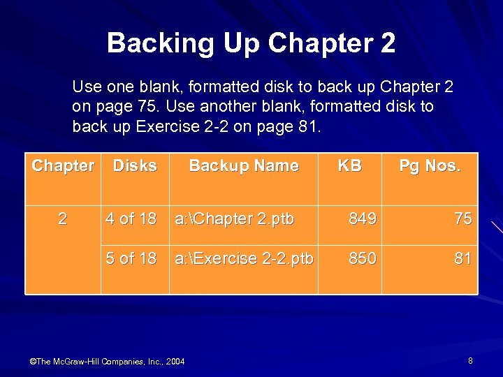 Backing Up Chapter 2 Use one blank, formatted disk to back up Chapter 2