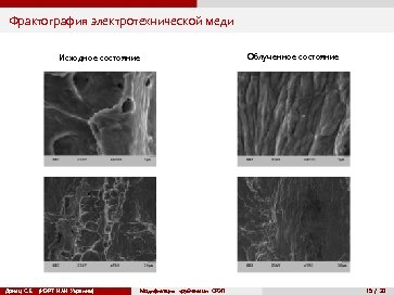 Фрактография электротехнической меди Исходное состояние Донец С. Е. (ИЭРТ НАН Украины) Модификация трубчатыми СРЭП