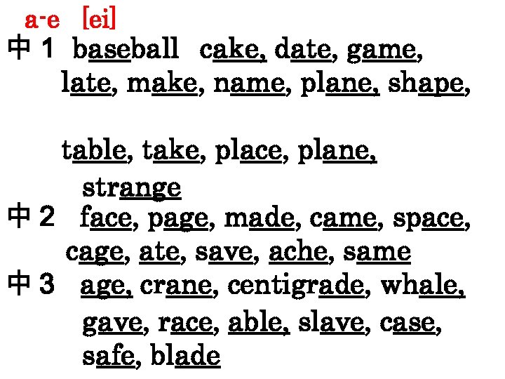 a-e [ei] 中１ baseball　 cake, date, game, 　　late, make, name, plane, shape, 　　　 　　table,