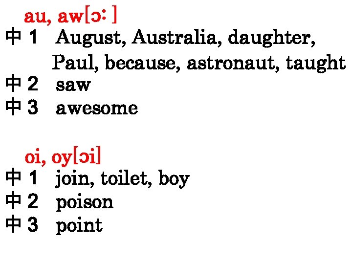 au, aw[ɔ: ] 中１ August, Australia, daughter, Paul, because, astronaut, taught 中２ saw 中３