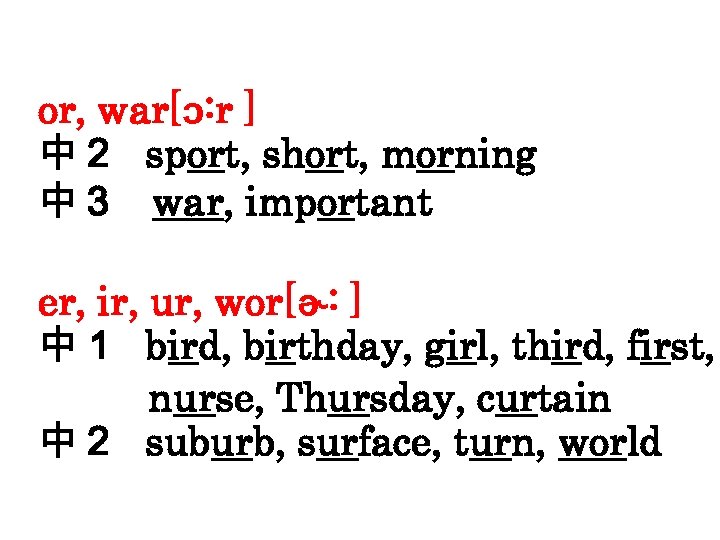 or, war[ɔ: r ] 中２ sport, short, morning 中３　war, important er, ir, ur, wor[ɚ: