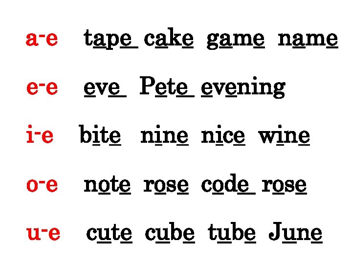 a-e tape cake game name e-e eve Pete evening i-e bite nine nice wine