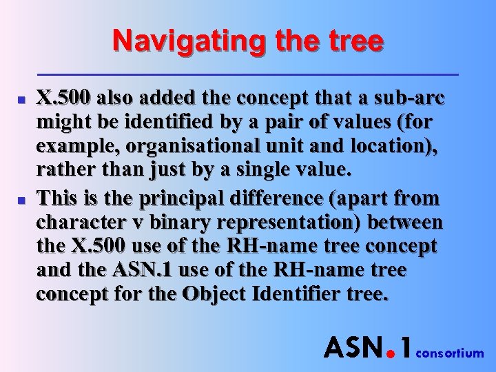 Navigating the tree n n X. 500 also added the concept that a sub-arc