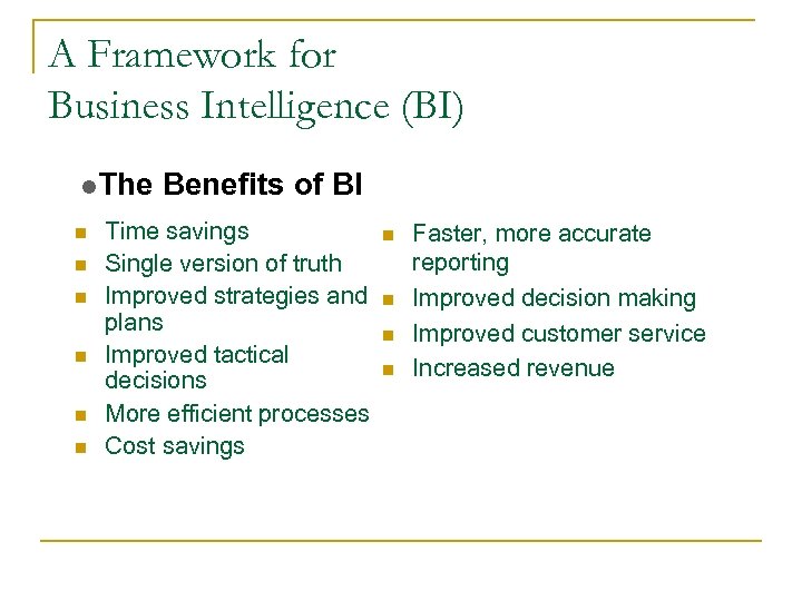 A Framework for Business Intelligence (BI) l. The n n n Benefits of BI