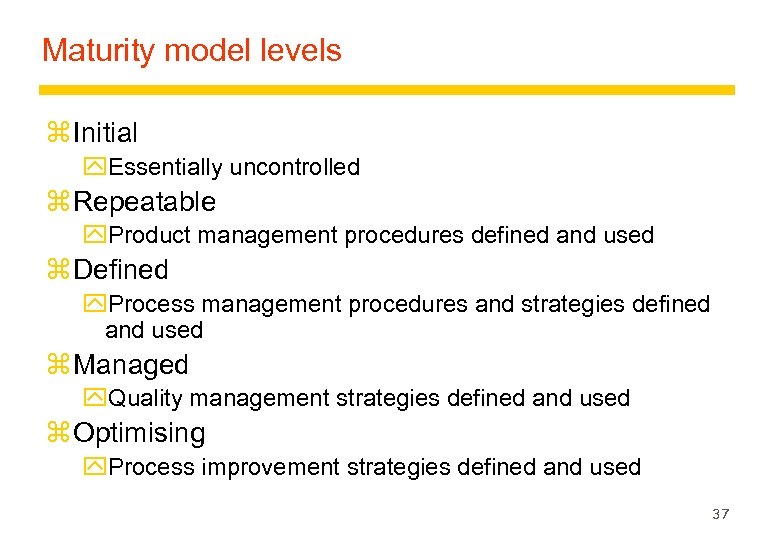 Maturity model levels z Initial y. Essentially uncontrolled z Repeatable y. Product management procedures